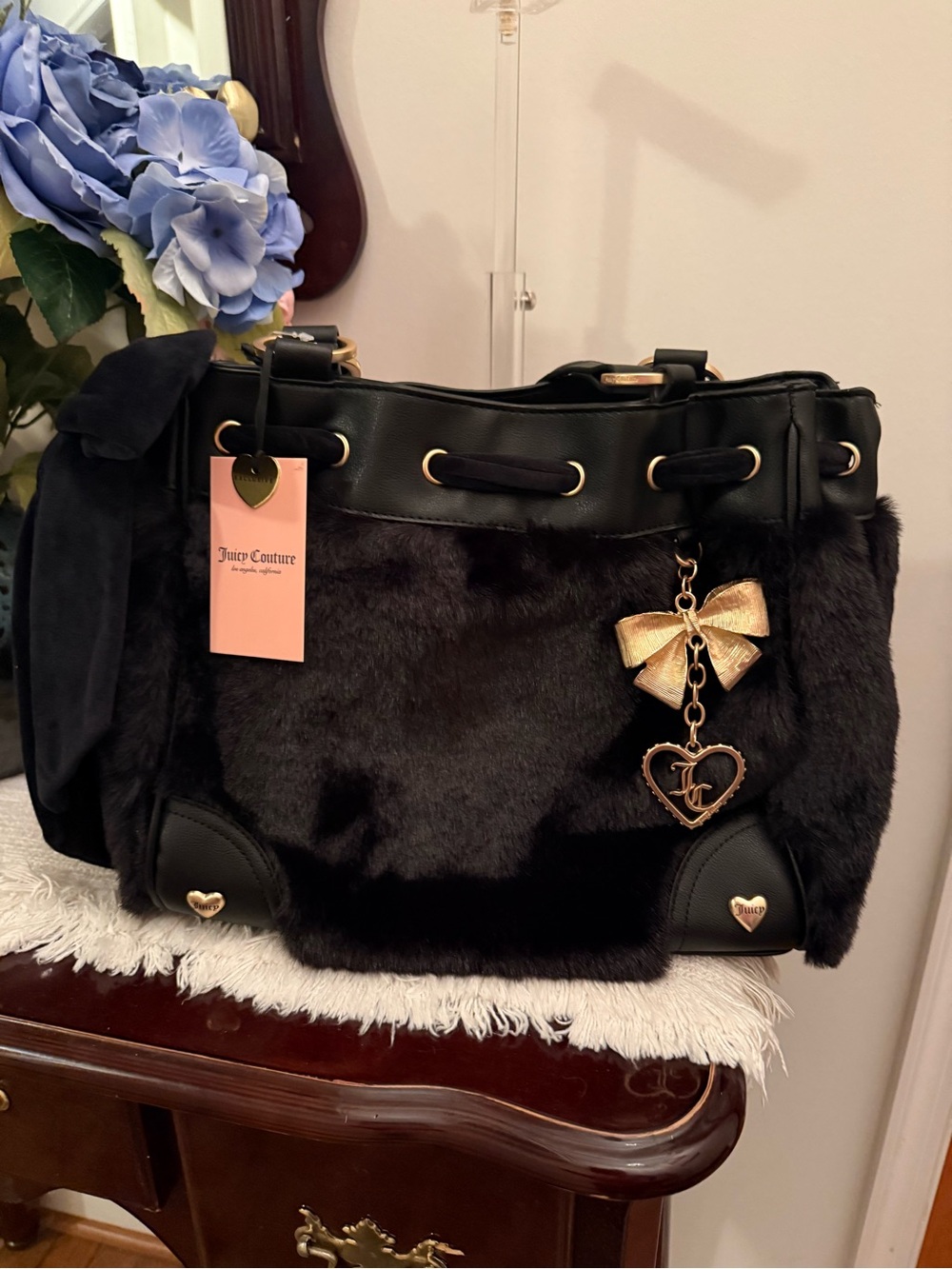 NWT Juicy Couture Black Liquorice Soul Sister Faux Fur Tote